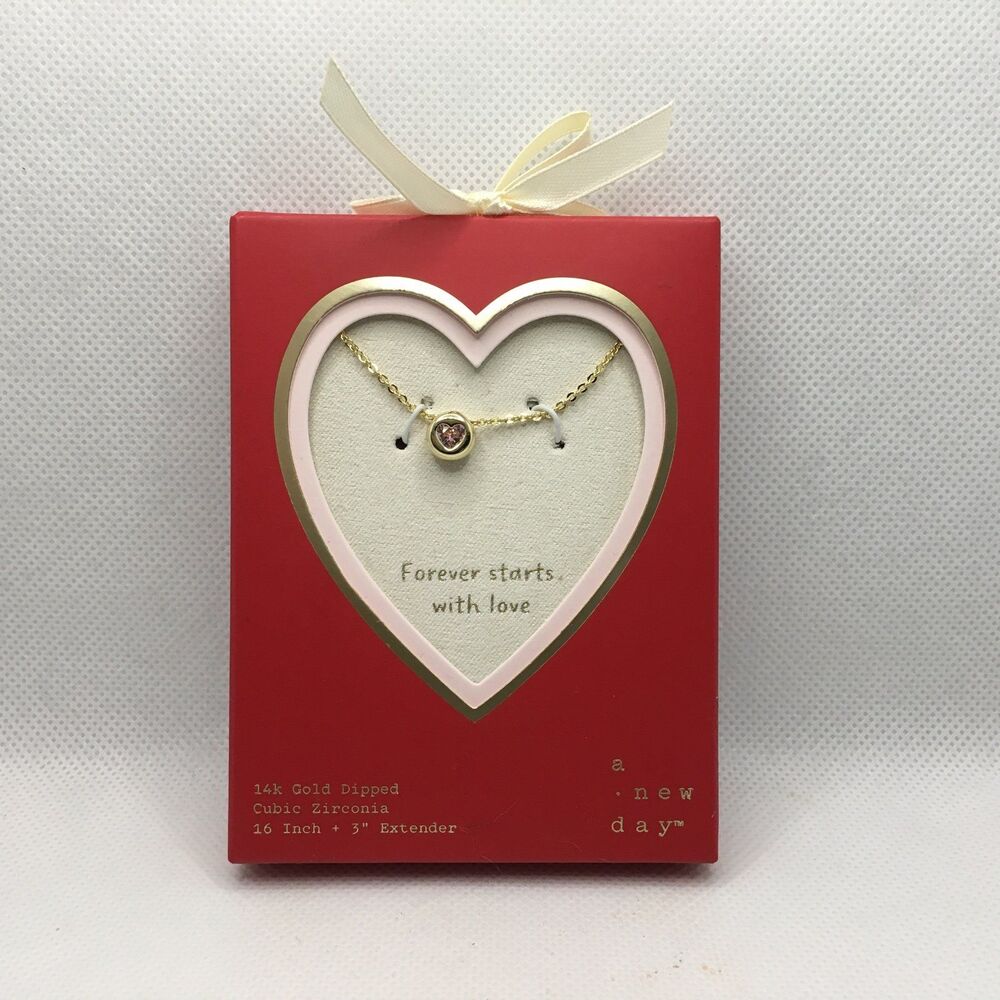 A New Day Gold Necklace Pink gem Heart cut out Forever Starts with Love NEW